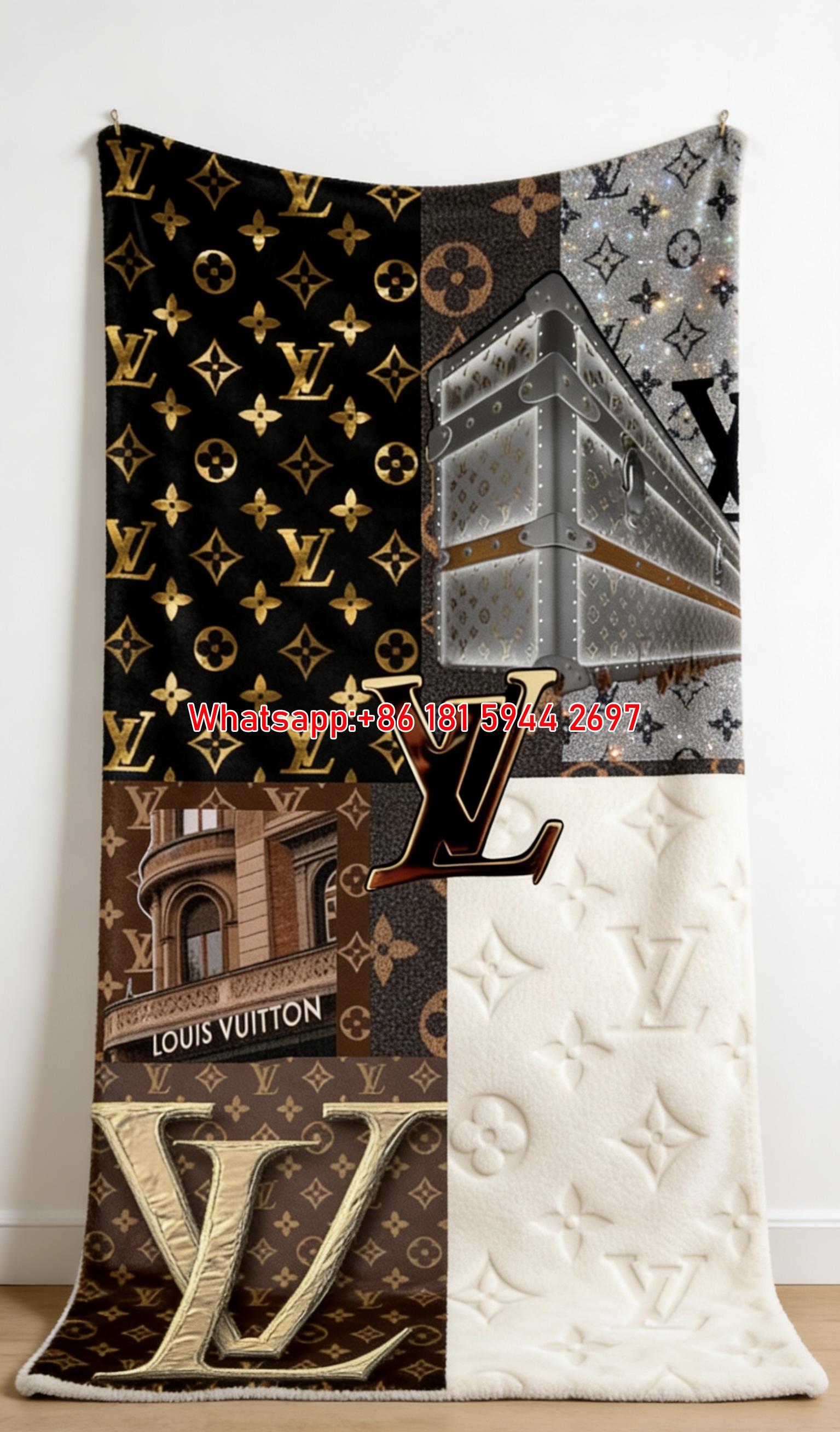 LV Gold Monogram Collage Blanket LV Vintage Luxury Patchwork Throw IMG_3261